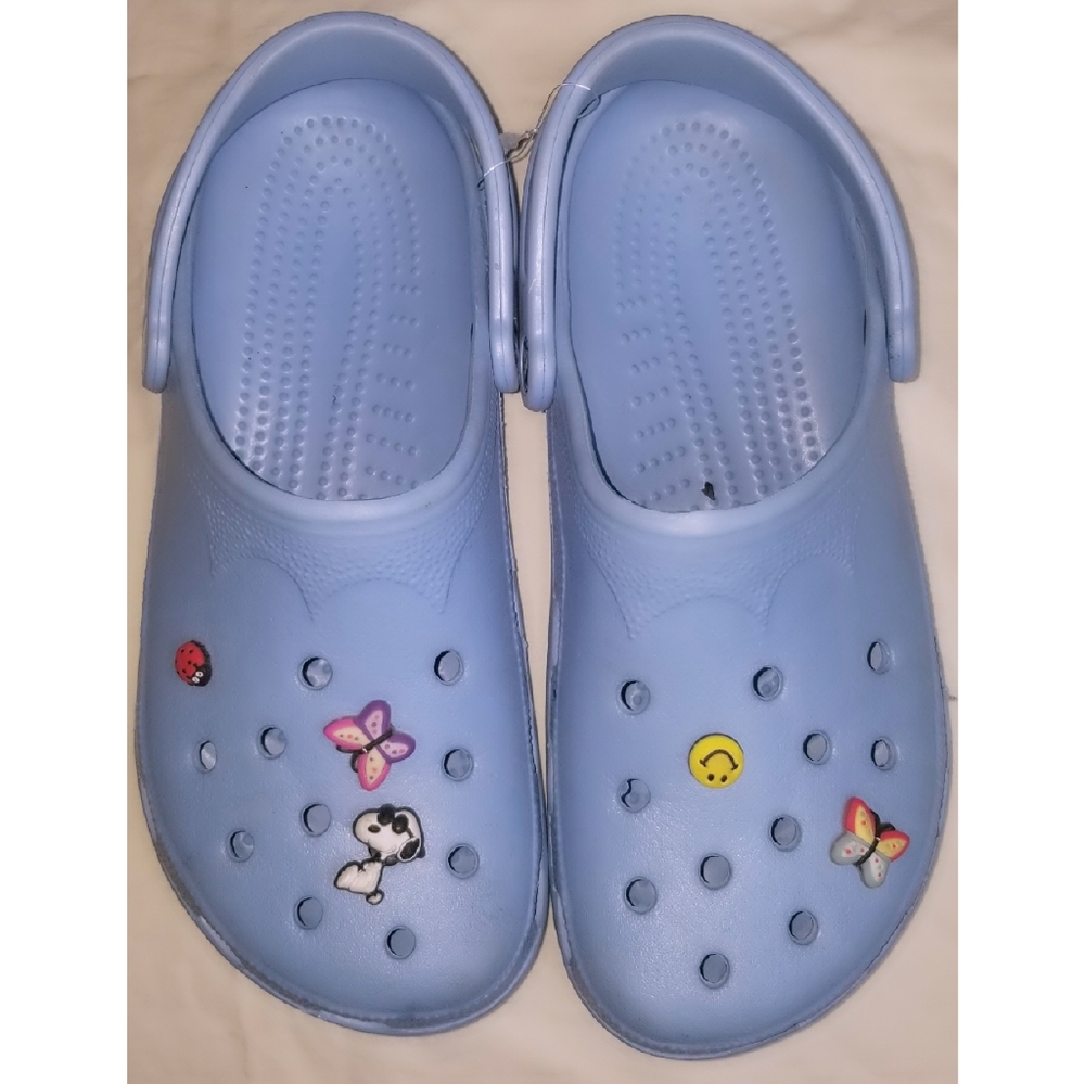 Baby Blue Crocs with Snoopy size 9.5